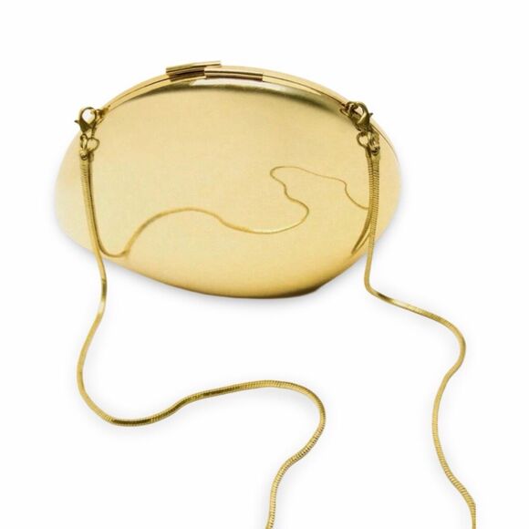 Zara Metallic Oval Minaudiere Bag Purse Clutch With Chain Metallic Gold 6317/110 - Picture 1 of 16